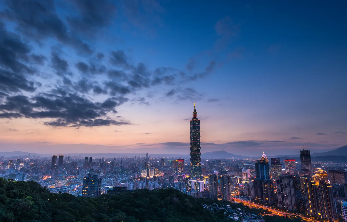 Photo wallpaper the sky, clouds, sunset, blue, the city, lights, hills, view