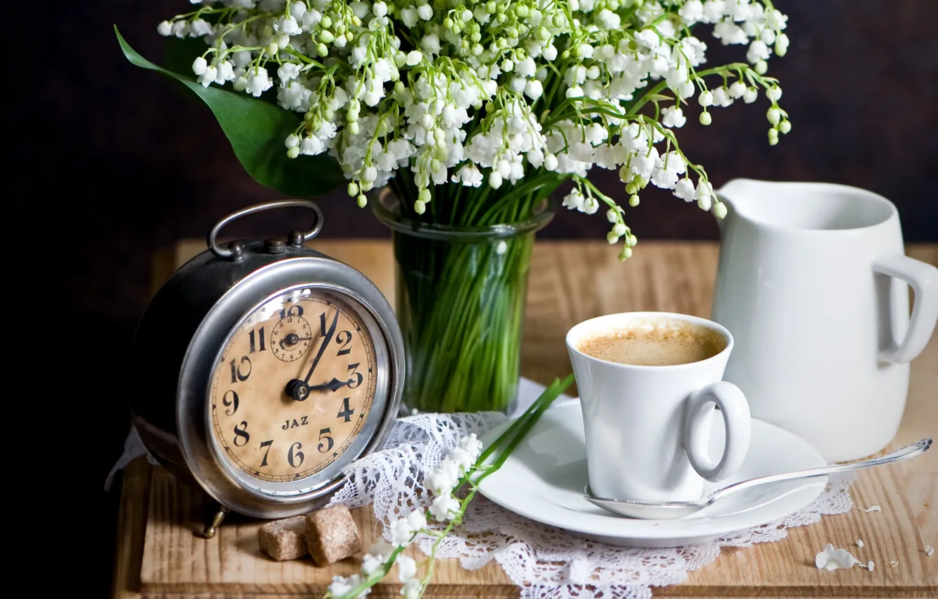 Photo wallpaper watch, coffee, lilies of the valley, the milkman