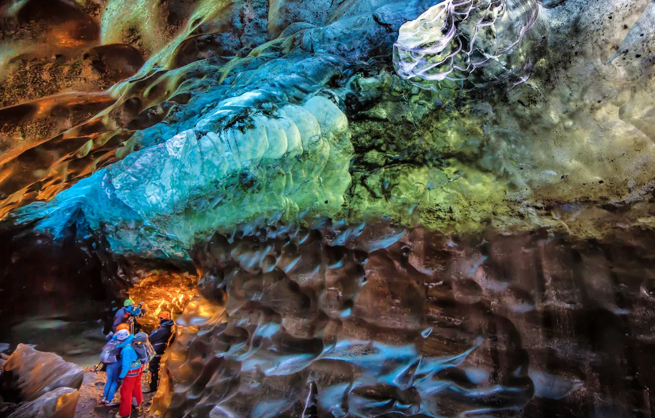 Photo wallpaper cave, The Vatnajökull Glacier, cavers, raznocvetnye ice