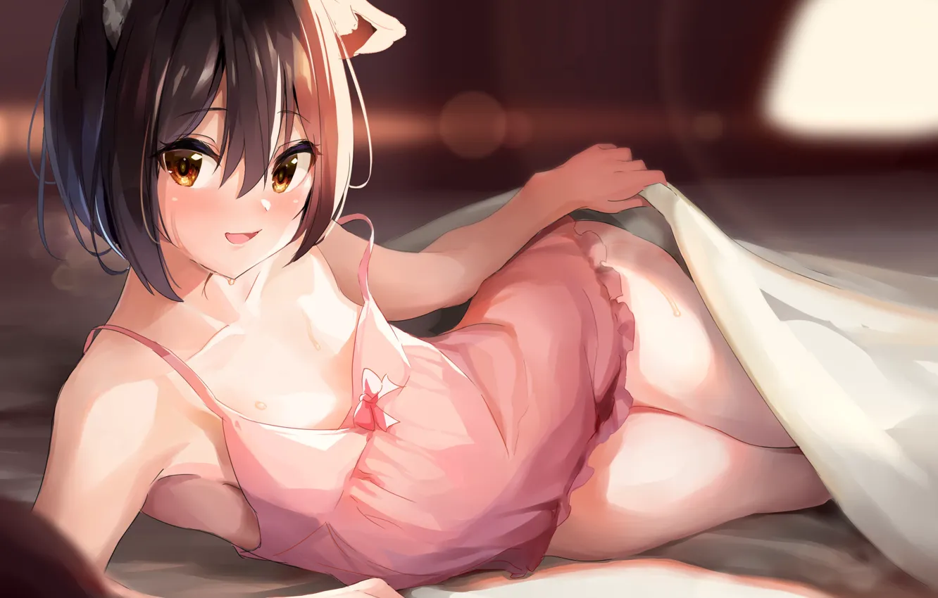 Photo wallpaper girl, bed, neko, chemise, maeshimashi