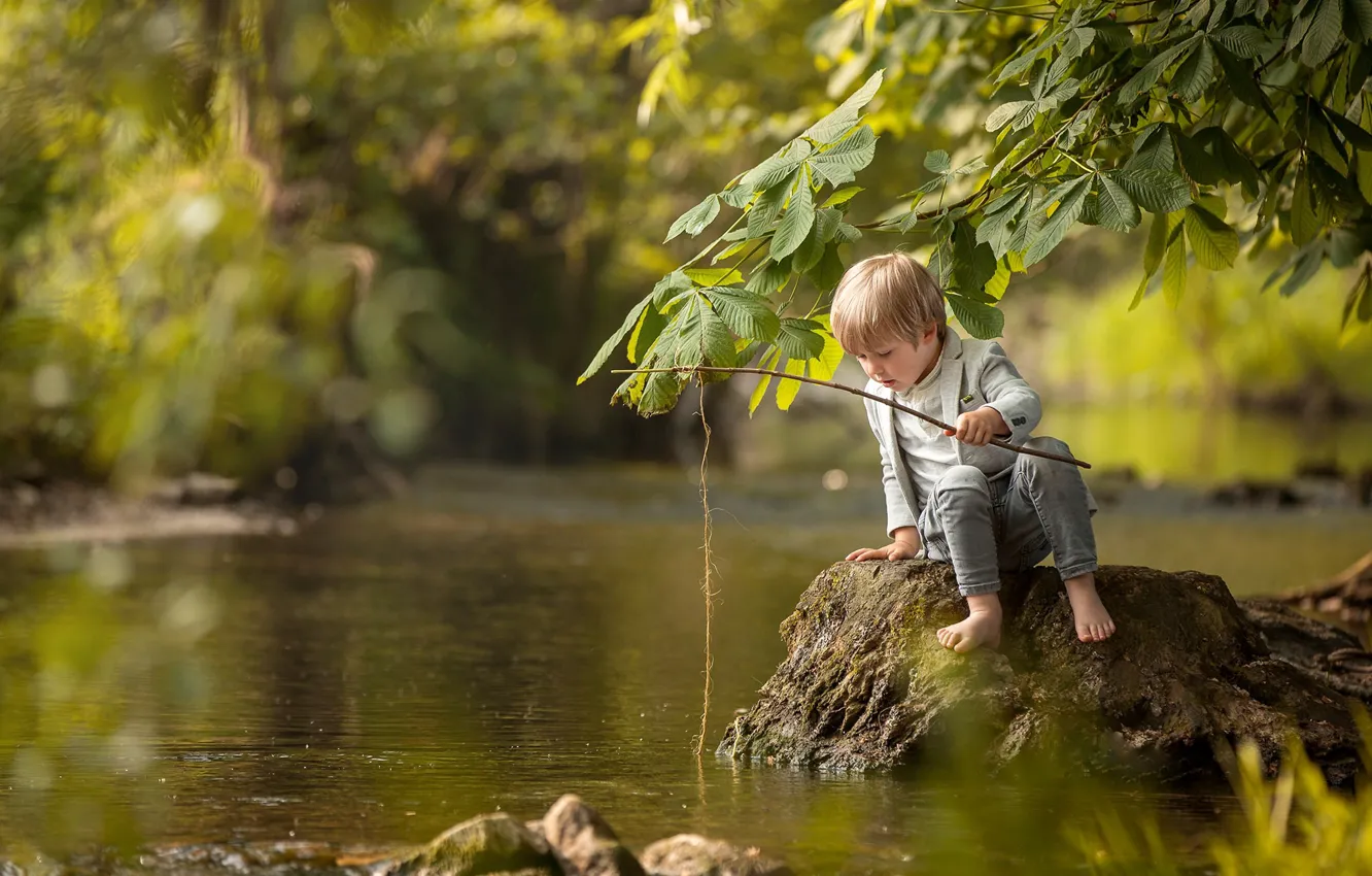Photo wallpaper fishing, boy, river