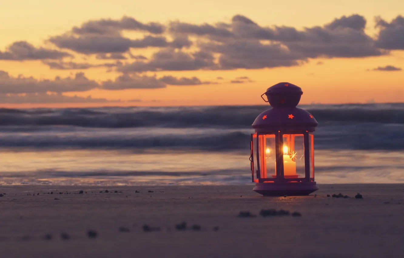 Photo wallpaper sand, sea, beach, the sky, clouds, landscape, sunset, candles