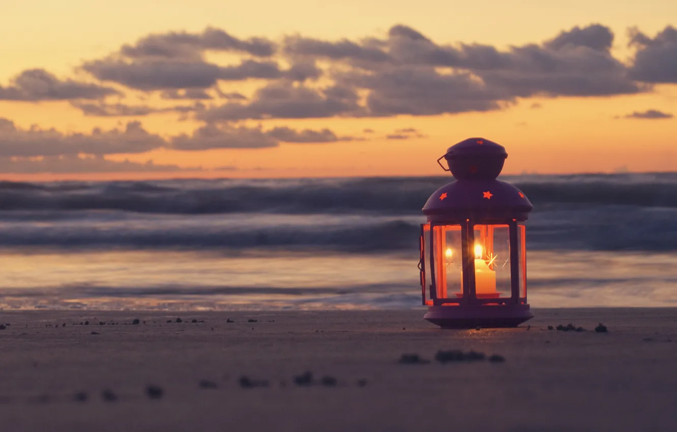 Photo wallpaper sand, sea, beach, the sky, clouds, landscape, sunset, lantern