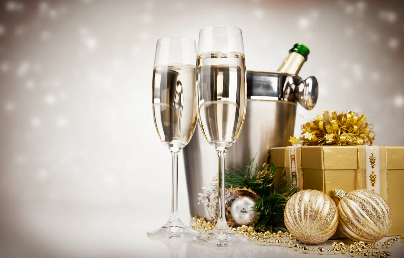 Photo wallpaper balls, holiday, gift, toys, New Year, glasses, Christmas, champagne