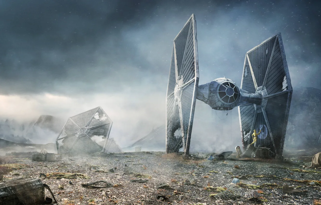 Photo wallpaper Star Wars, R2-D2, TIE fighter, C-3PO, Rebel Droids, Lee Rouse