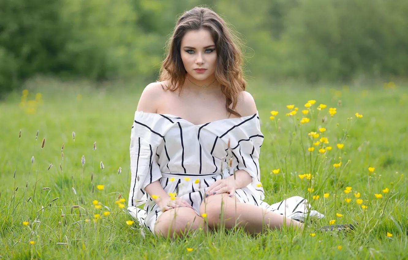 Photo wallpaper grass, look, girl, model, hair, dress, meadow, shoulders
