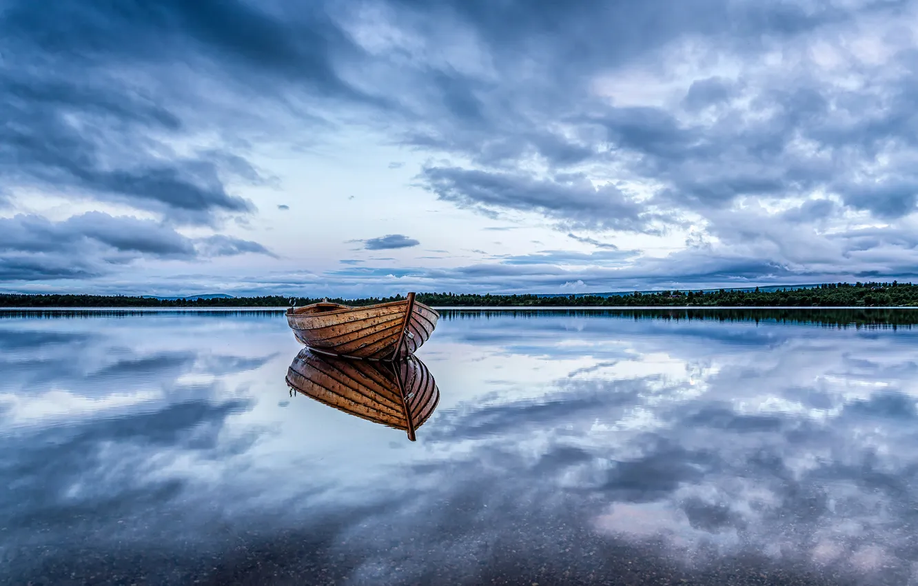 Photo wallpaper clouds, lake, reflection, boat, Norway, Valdres