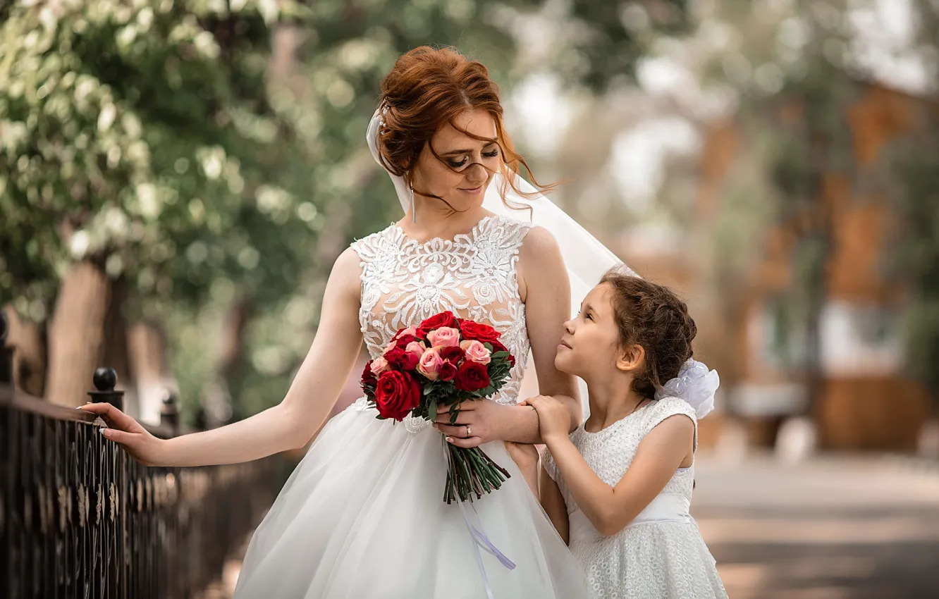 Photo wallpaper flowers, woman, bouquet, girl, the bride, mom, child, wedding