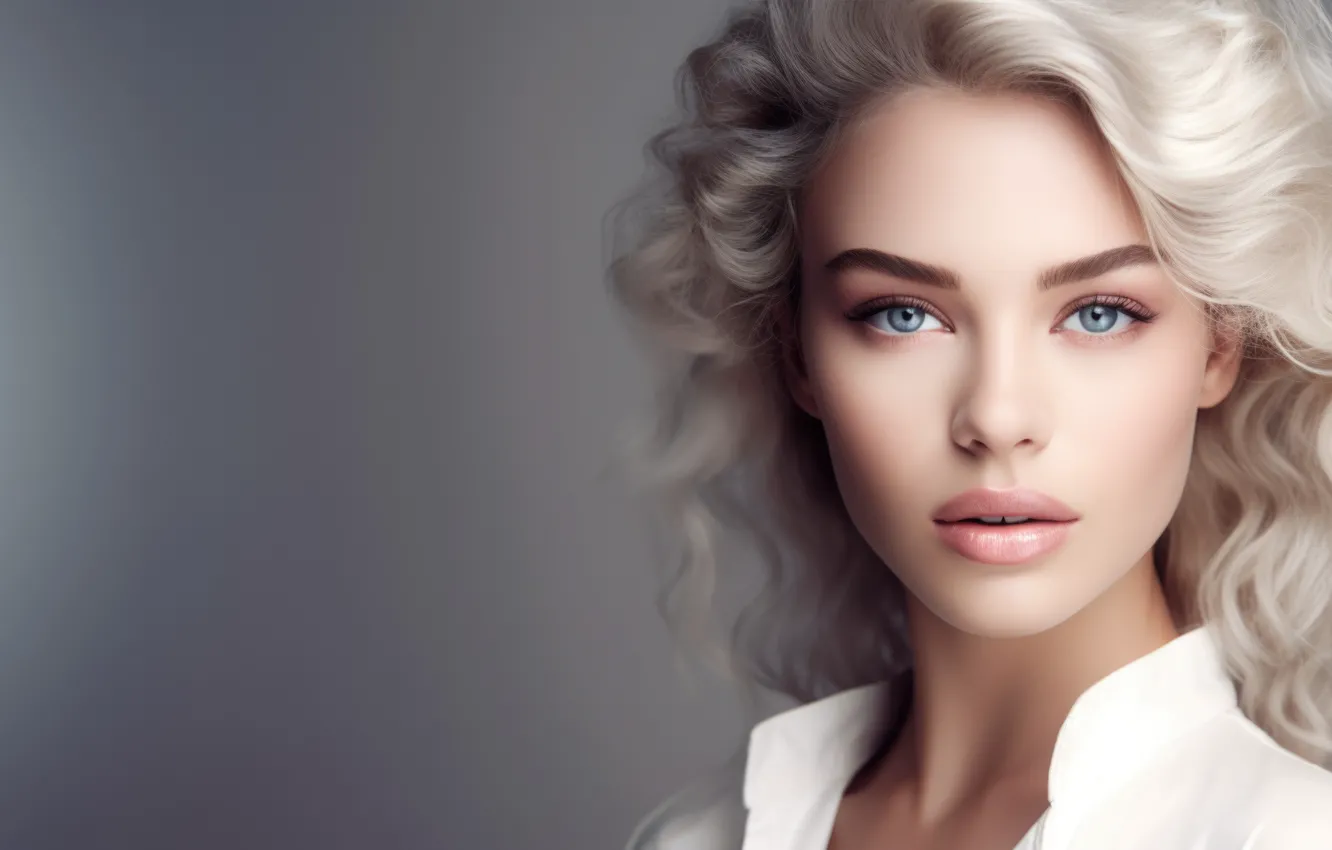 Photo wallpaper blue eyes, women, lips, face, blonde, simple background, gray background, curly hair