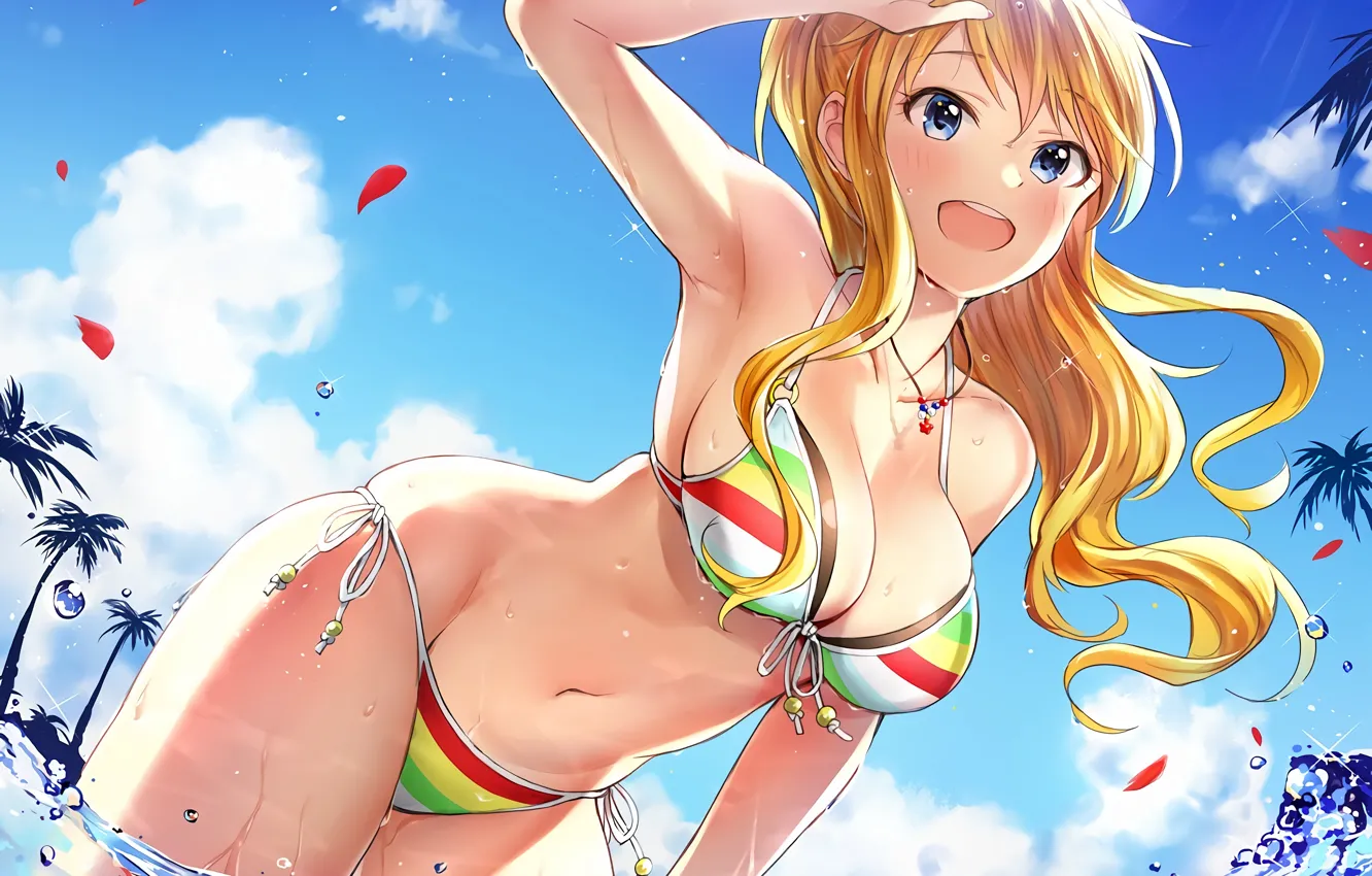 Photo wallpaper girl, sexy, cleavage, beach, long hair, sea, boobs, anime
