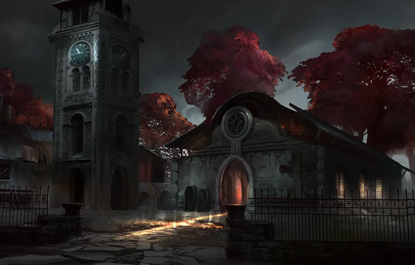Photo wallpaper night, the fence, watch, cemetery, the coffin, chapel
