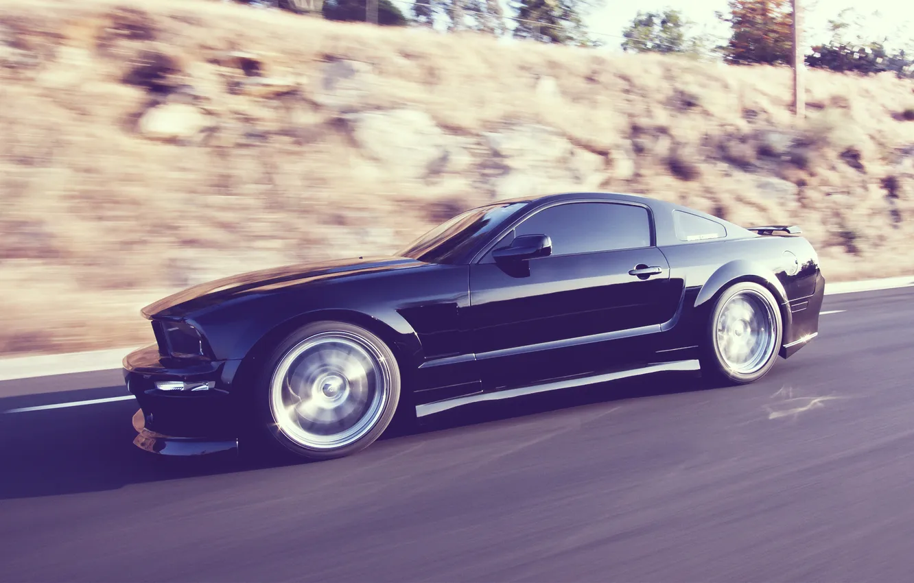 Photo wallpaper road, speed, Mustang, Ford, Black