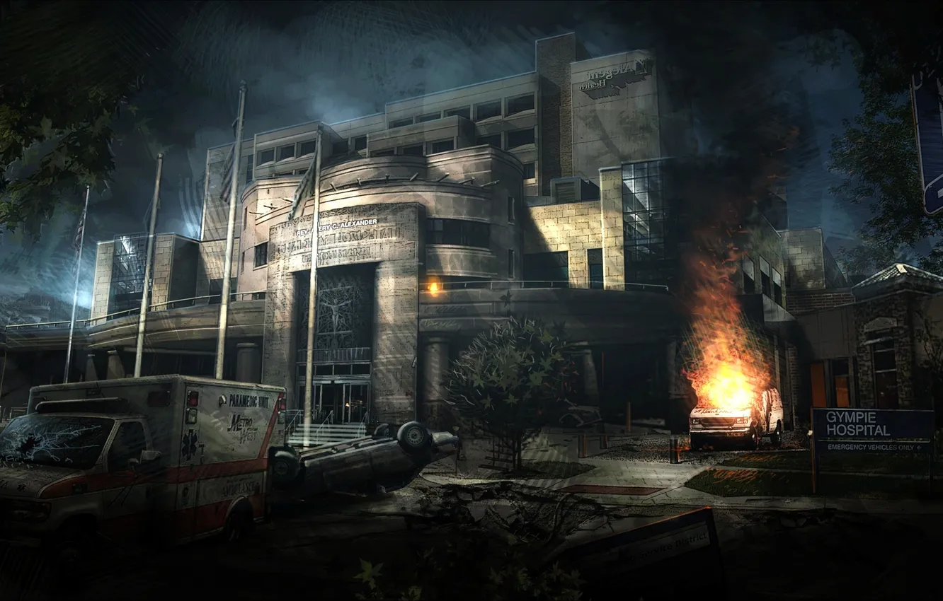 Photo wallpaper trees, fire, flag, soon, maple, hospital