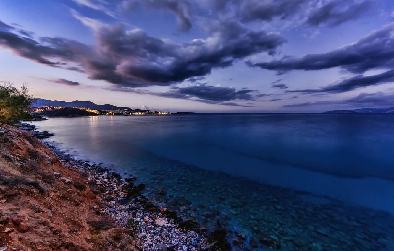 Photo wallpaper clouds, sunset, the city, lights, coast, island, the evening, Greece