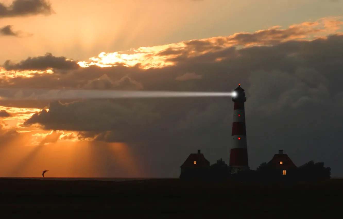 Photo wallpaper clouds, lighthouse, home, the evening, Germany, Schleswig-Holstein, Westerhever