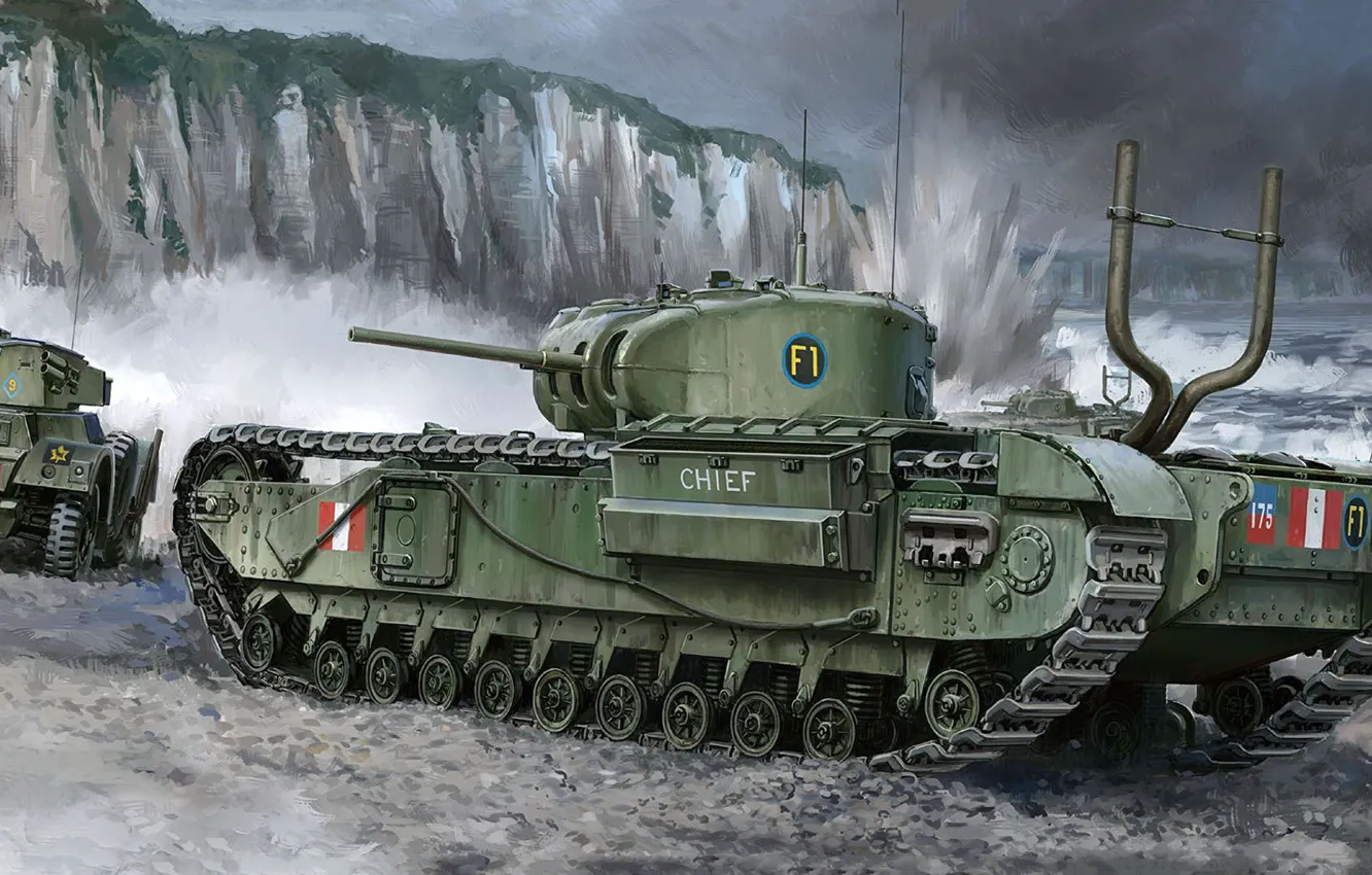 Photo wallpaper The battle for Dieppe, Dieppe Raid, Heavy infantry tank of the British army, Marines of …