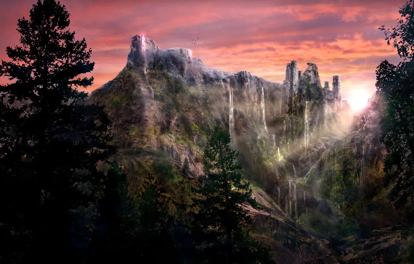 Photo wallpaper trees, mountains, waterfall