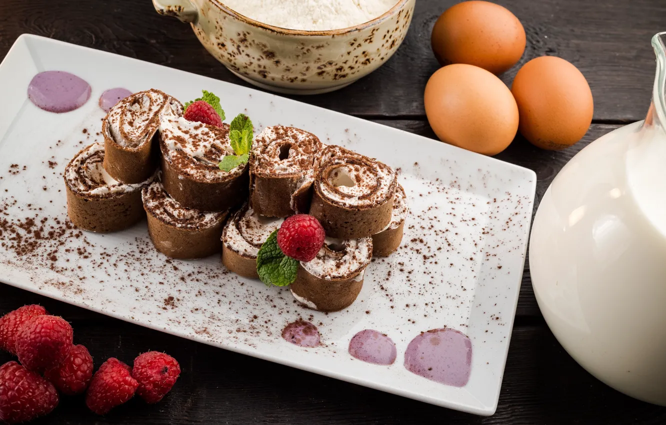 Photo wallpaper raspberry, pancakes, dessert, chocolate