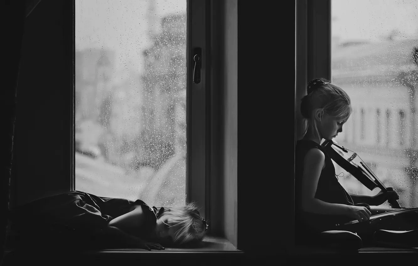 Photo wallpaper children, stay, violin, window, girl, sisters