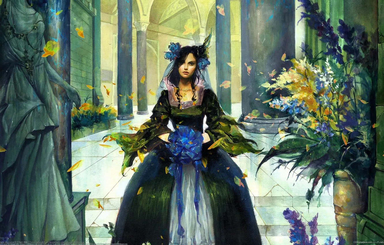 Photo wallpaper leaves, girl, flowers, figure, petals, bow