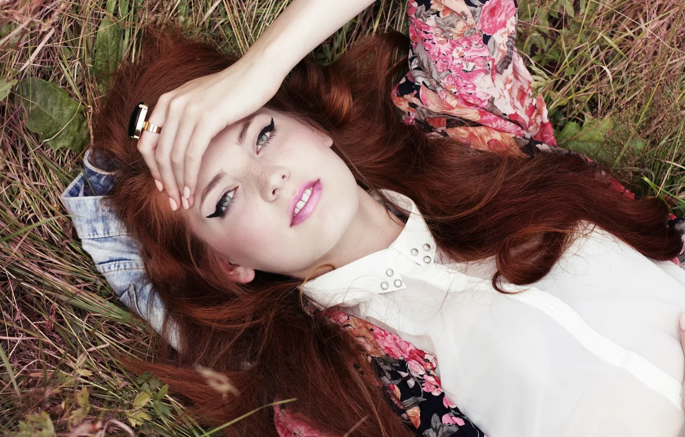 Photo wallpaper grass, look, girl, brown hair, gray-eyed