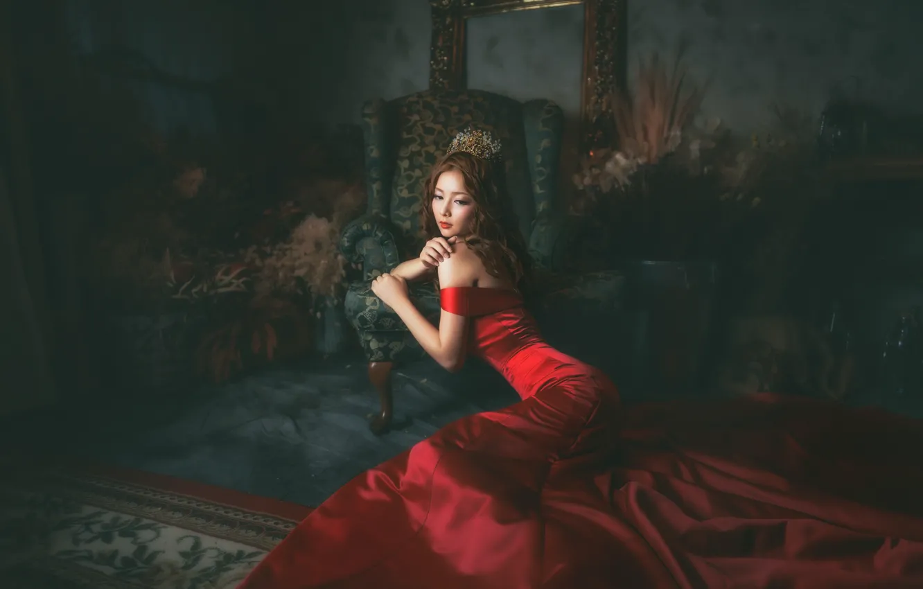 Photo wallpaper girl, face, room, red, dress, East