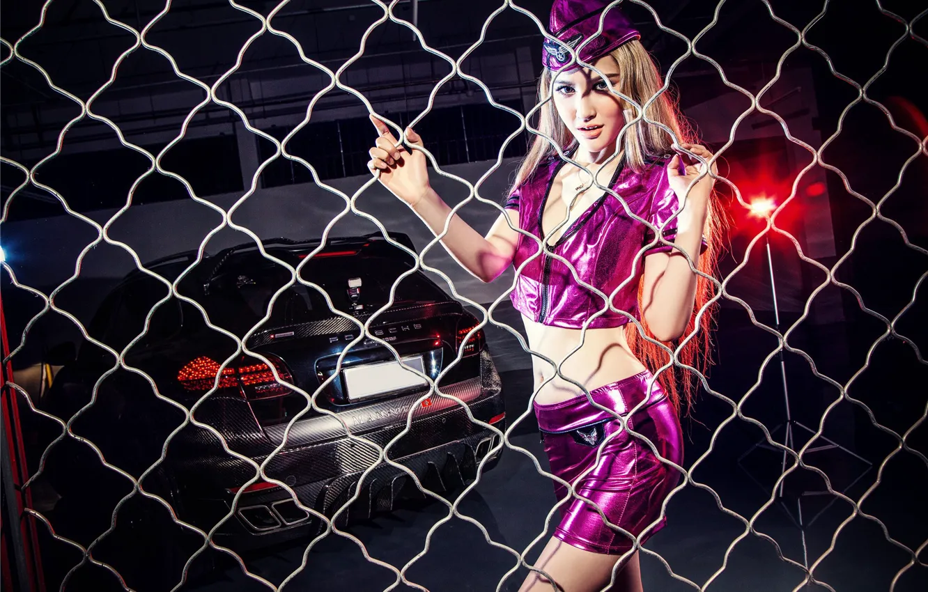 Photo wallpaper auto, look, girl, Porsche, the fence, Asian, beautiful girl, stewardess