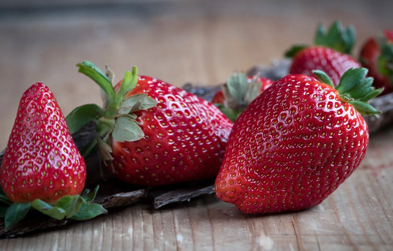 Photo wallpaper macro, berries, table, food, strawberry, wooden, bark, photoshoot