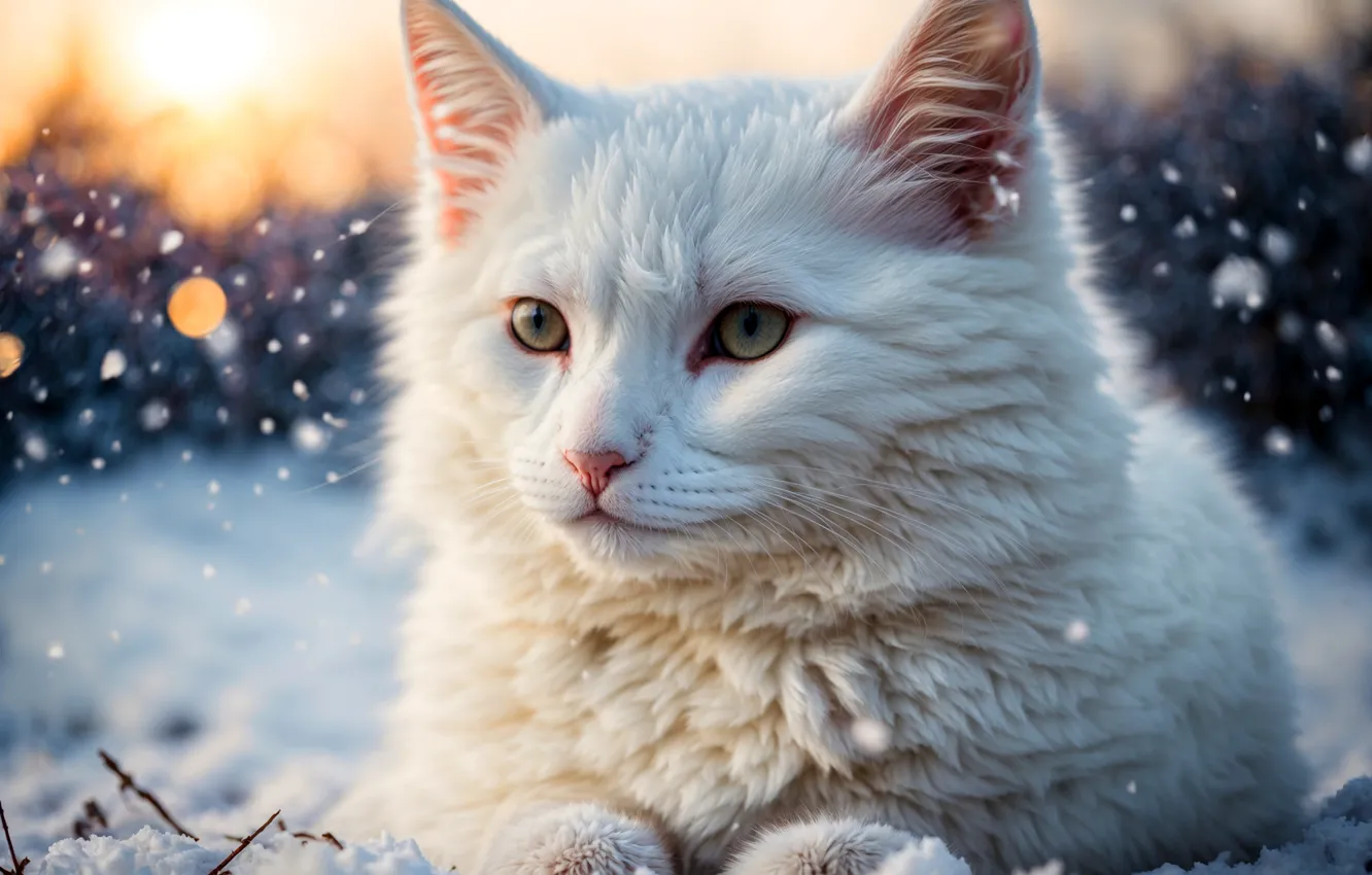 Photo wallpaper winter, cat, white, look, snow, branches, nature, portrait