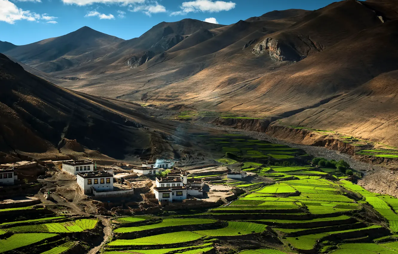 Photo wallpaper mountains, China, village, houses, china, the Himalayas, Tibet, tibet