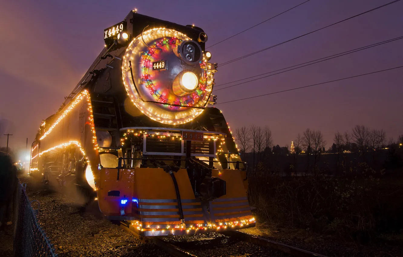 Photo wallpaper night, lights, new year, backlight, locomotive