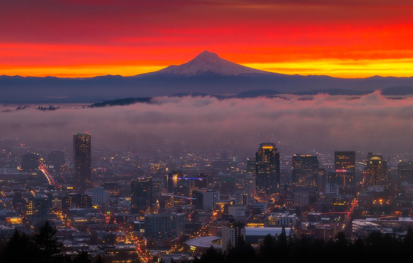 Photo wallpaper city, lights, USA, sky, Oregon, landscape, sunset, clouds