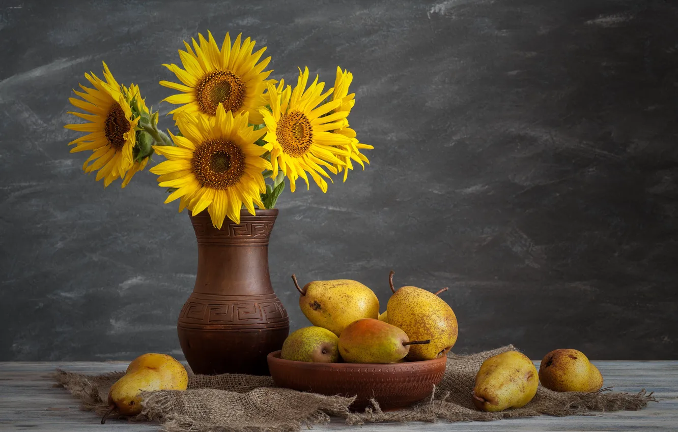 Photo wallpaper sunflowers, yellow, fruit, pear