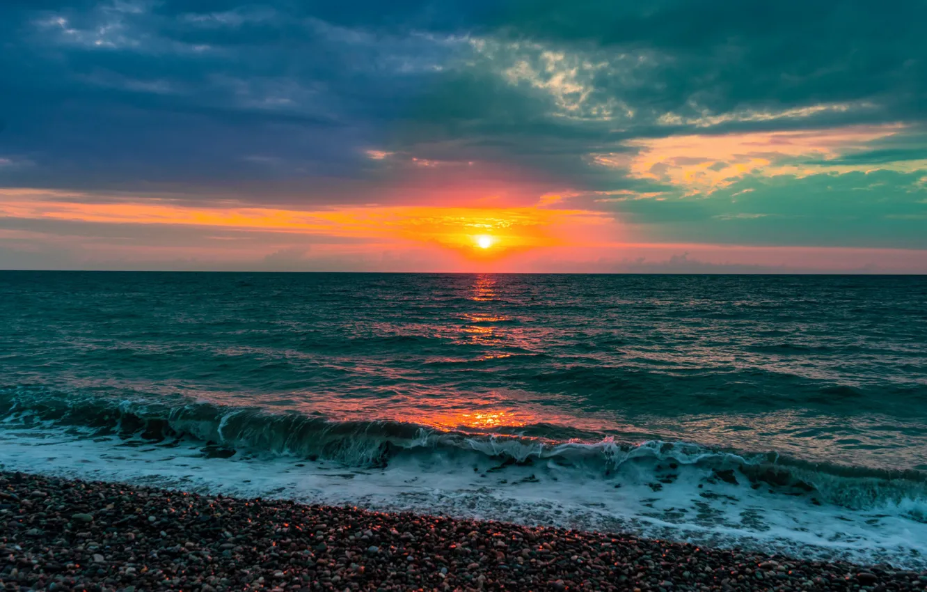 Photo wallpaper sea, the sky, water, the sun, sunset, surf