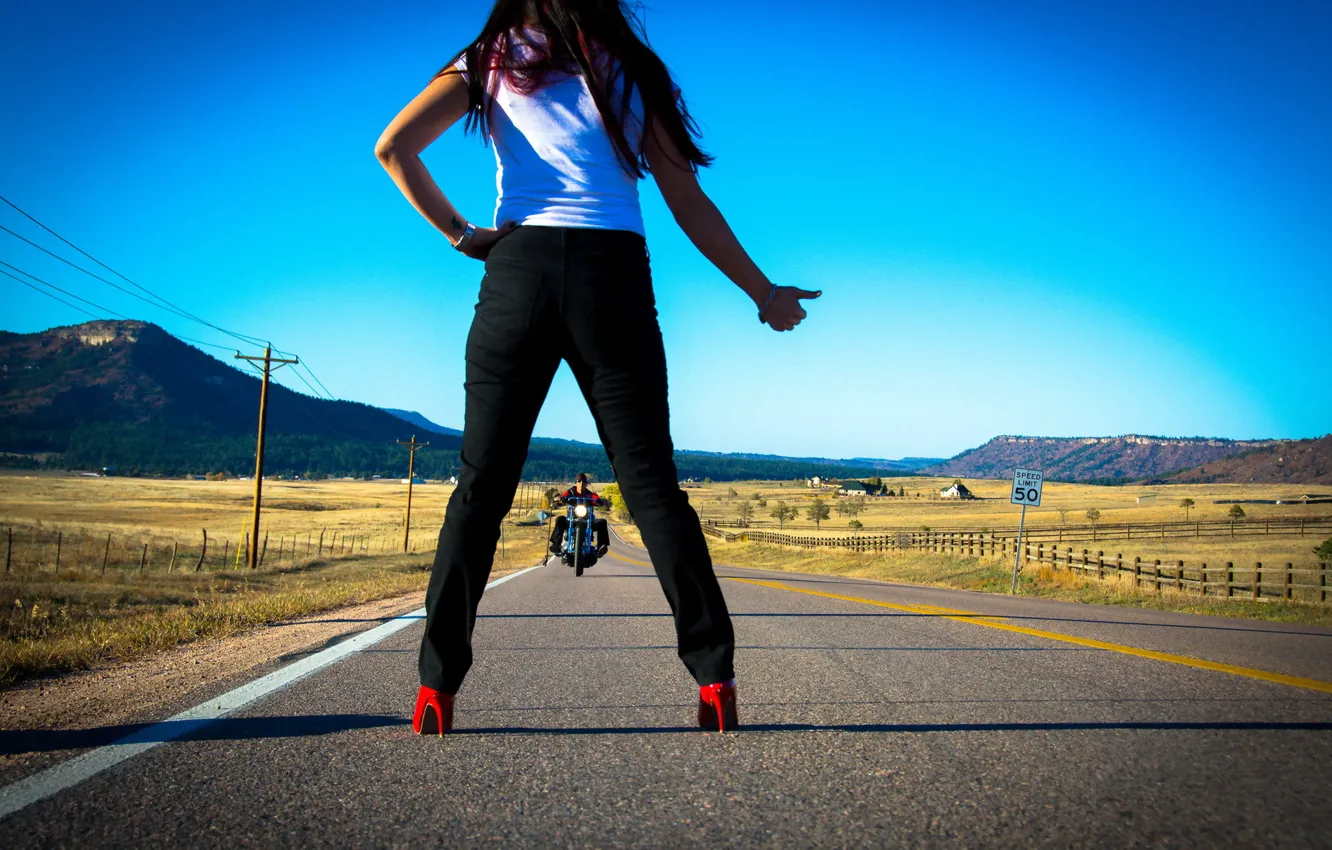 Photo wallpaper road, girl, Stop Ahead