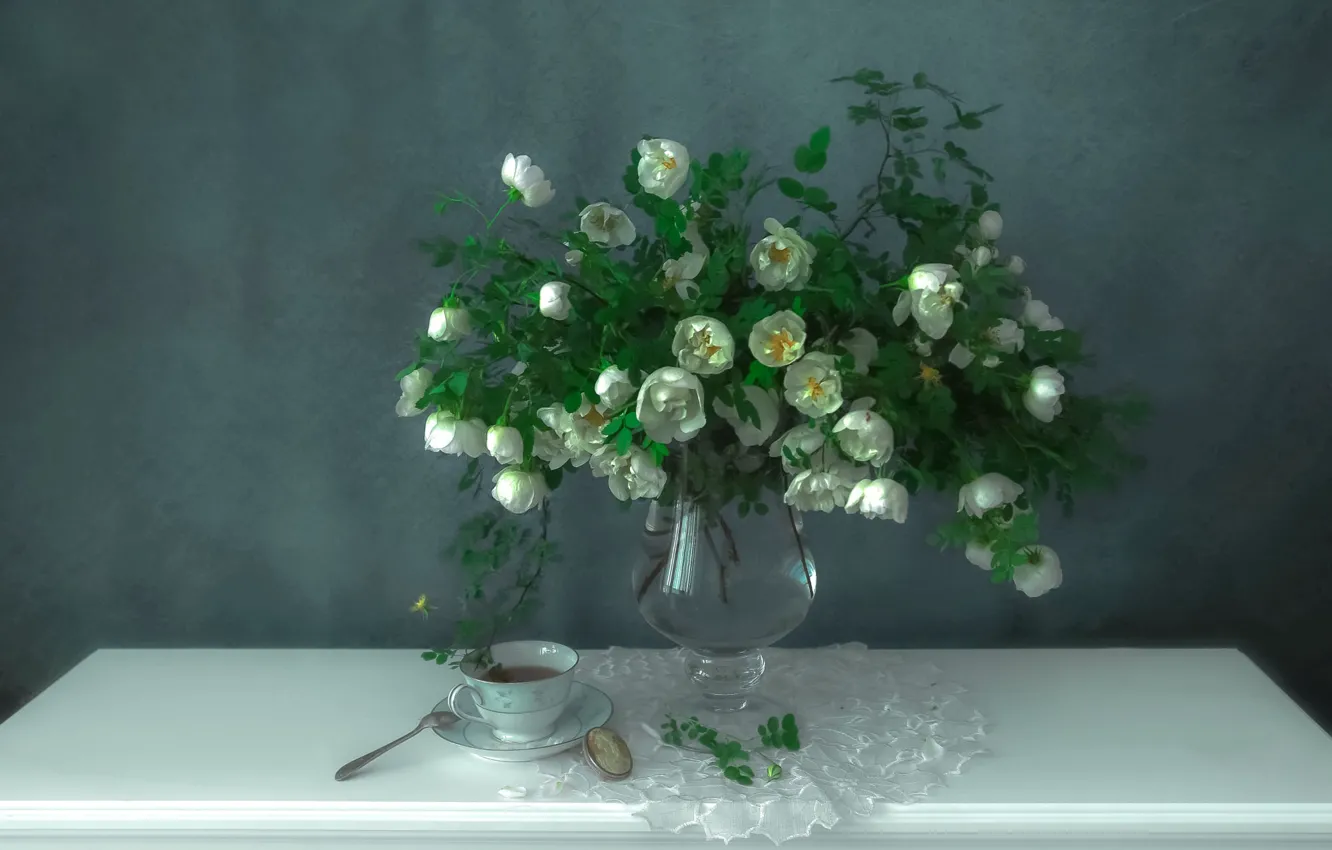 Photo wallpaper flowers, napkin, glass, table, tea, bouquet, glass, Cup