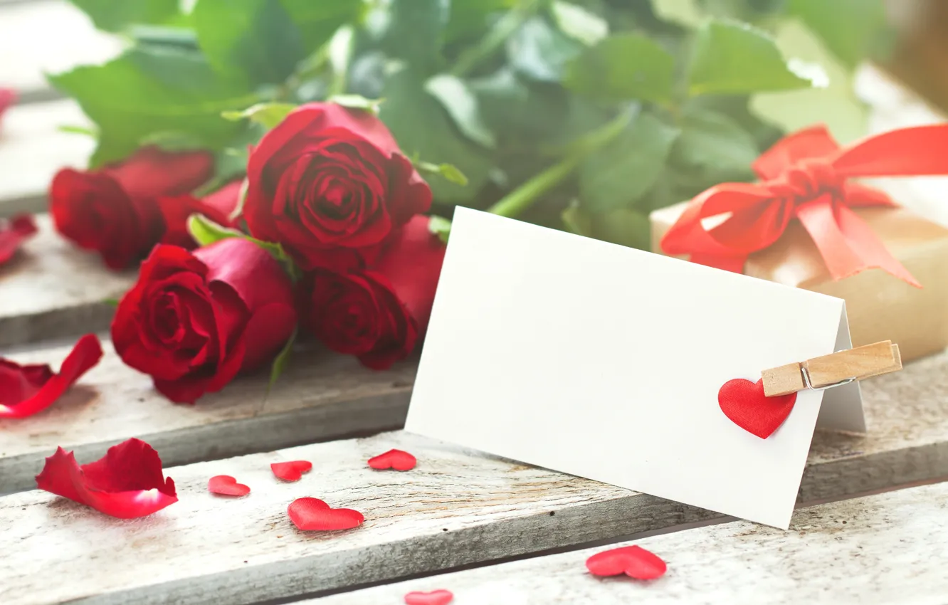 Photo wallpaper gift, tape, hearts, red, valentine's day, roses, pomantic, Valeria Maksakova