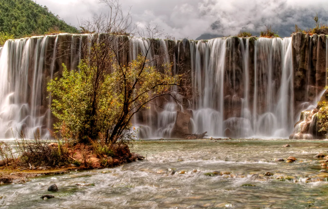 Photo wallpaper stones, rocks, waterfall, China, mountain river, Yulong Snow Mountain