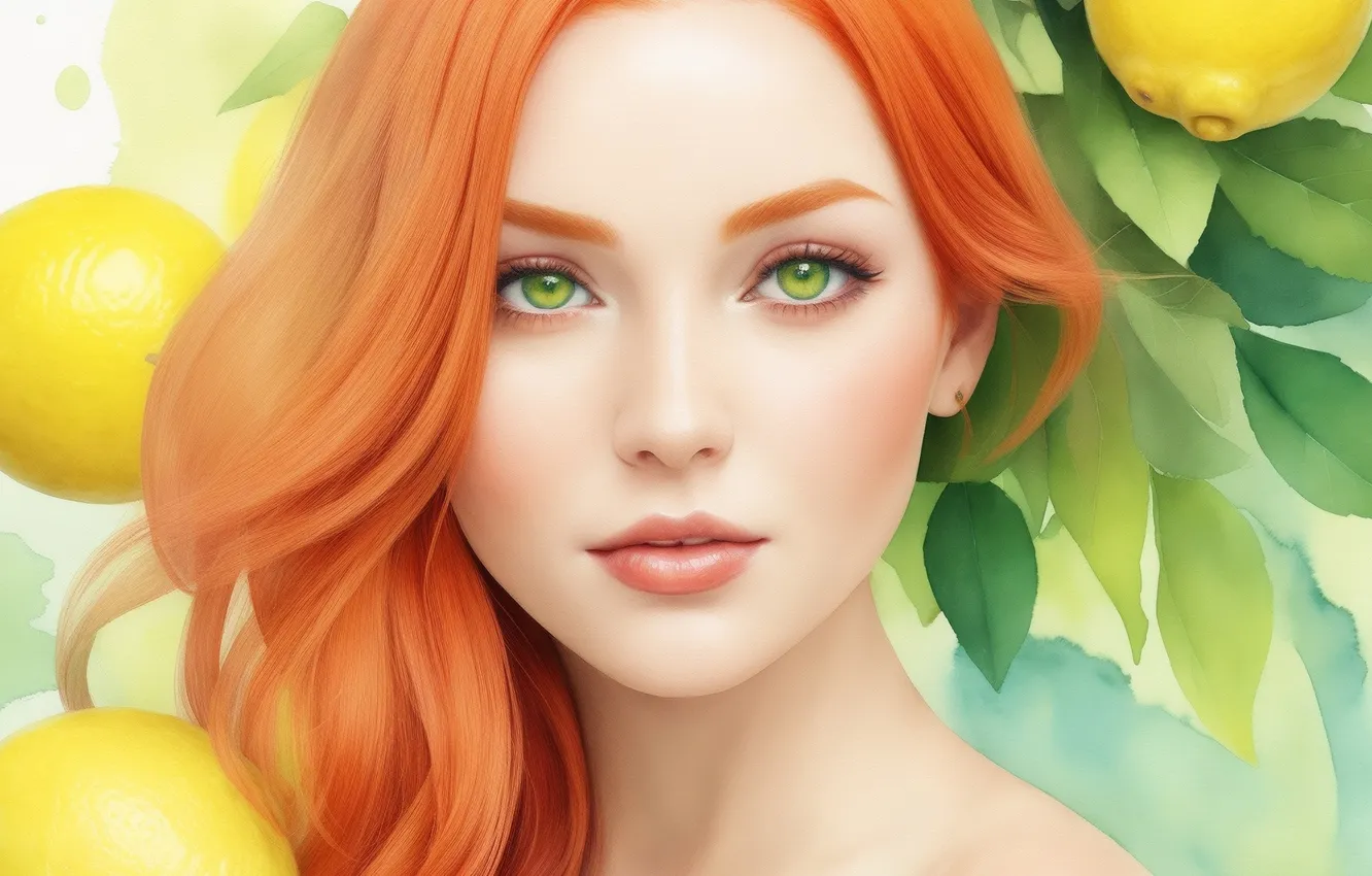 Photo wallpaper girl, orange, yellow, green, green, lemon, woman, figure