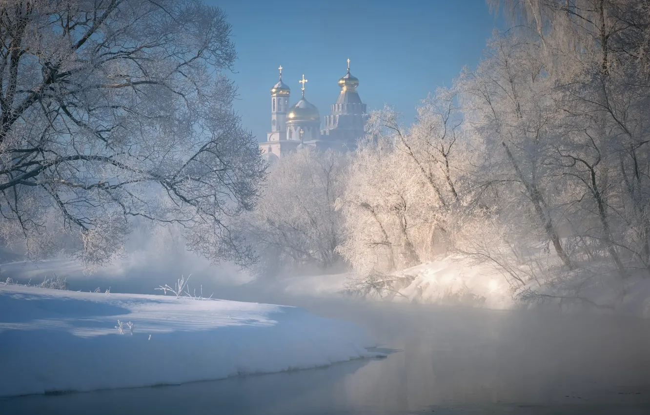 Photo wallpaper winter, frost, snow, trees, landscape, nature, river, the monastery