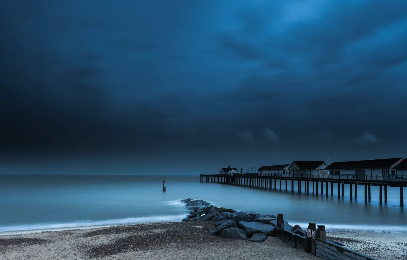 Photo wallpaper sea, beach, clouds, dawn, England, pierce, Suffolk