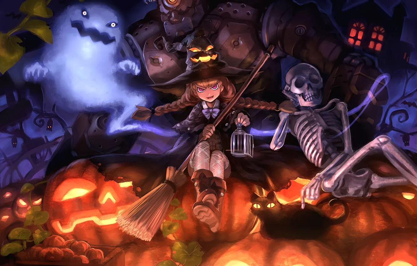 Photo wallpaper cat, cat, hat, cast, art, skeleton, girl, Halloween