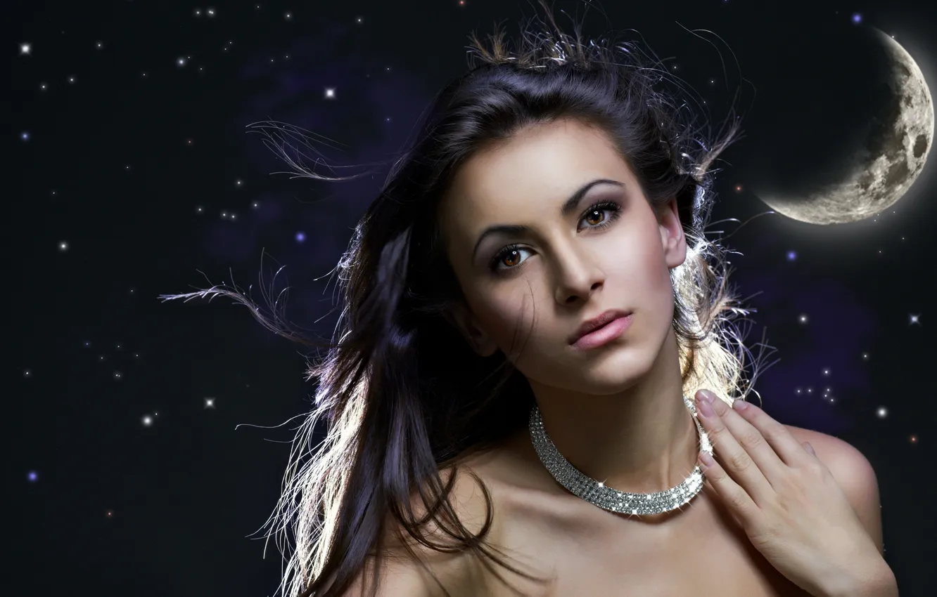 Photo wallpaper look, girl, stars, night, the moon, hair, a month, brunette