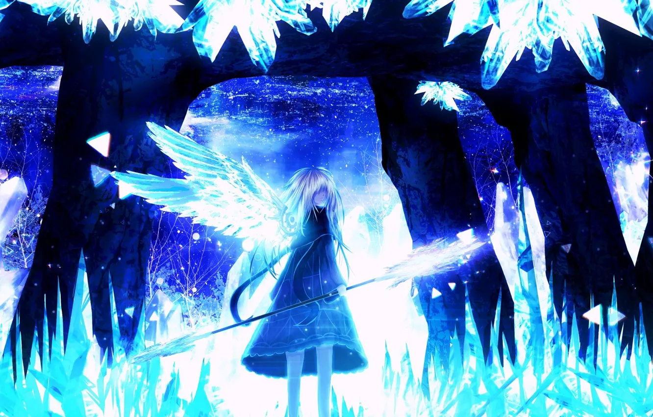 Photo wallpaper ice, girl, wings, crystals, spear, cave