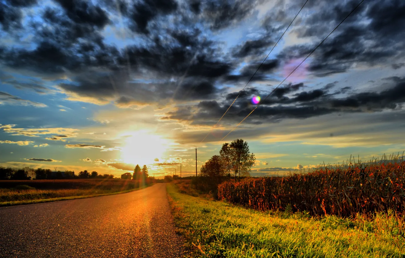 Photo wallpaper road, grass, the sun, clouds, sunset, clouds, power lines