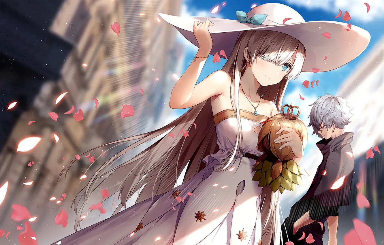 Photo wallpaper girl, petals, hat, guy, Fate / Grand Order, The destiny of a great campaign
