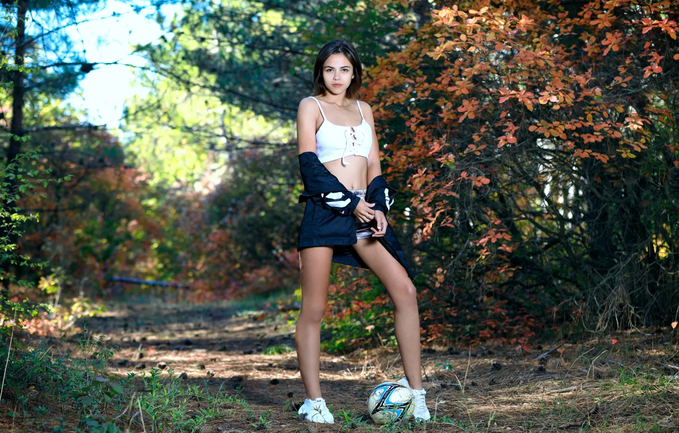 Photo wallpaper girl, shorts, beautiful, brunette, ball, cute, sneakers
