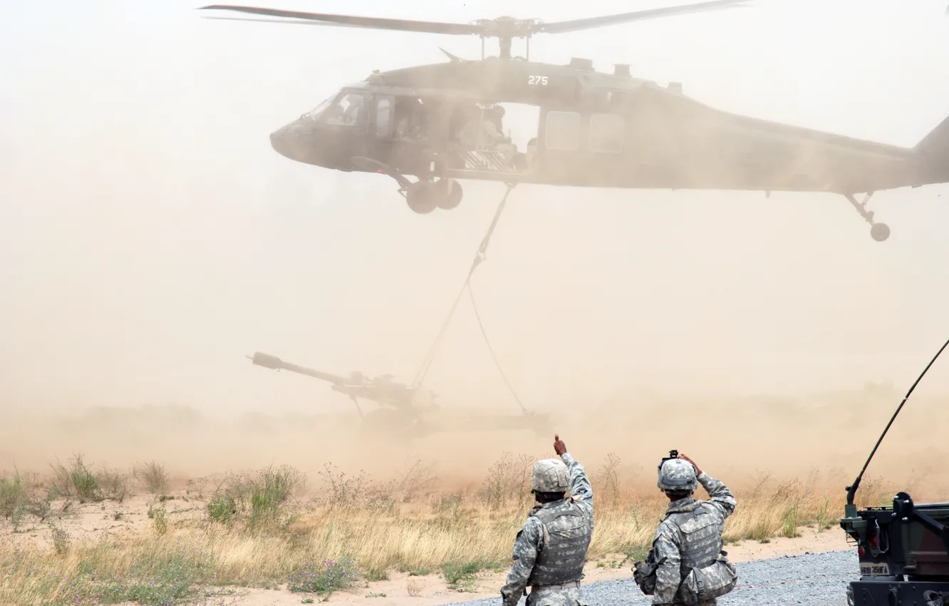 Photo wallpaper dust, soldiers, gun, HH-60G, Pave Hawk