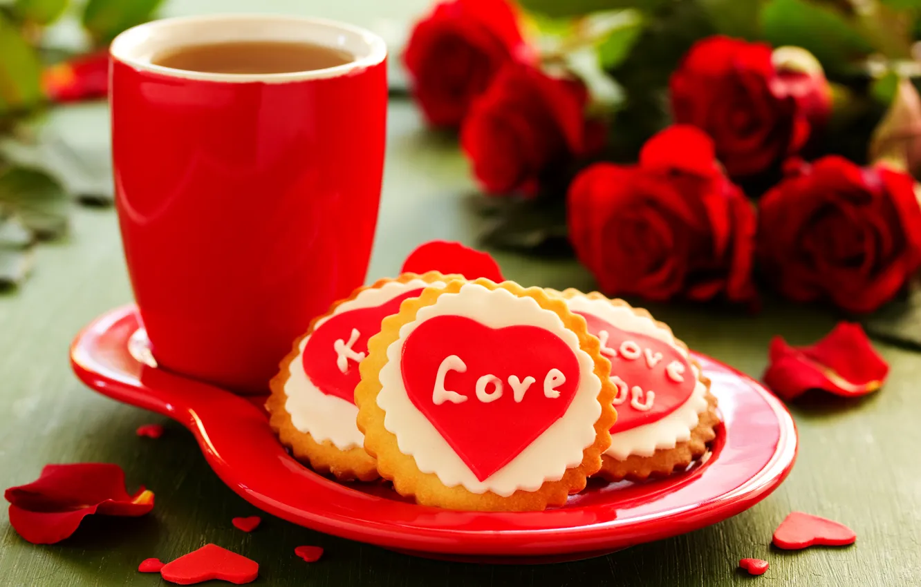 Photo wallpaper love, flowers, holiday, tea, heart, roses, bouquet, cookies