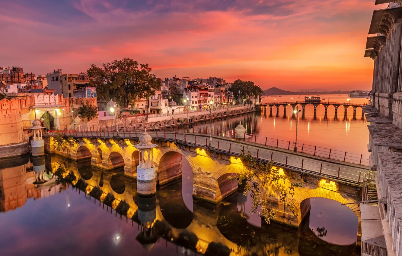 Photo wallpaper the sky, sunset, lights, river, home, the evening, India, lights